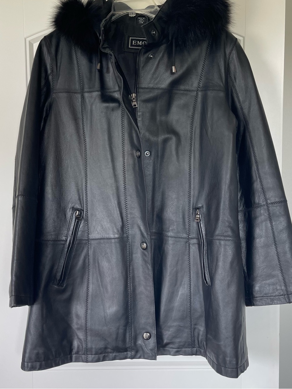 Leather Hooded Coat with Faux Fur Trim - Black